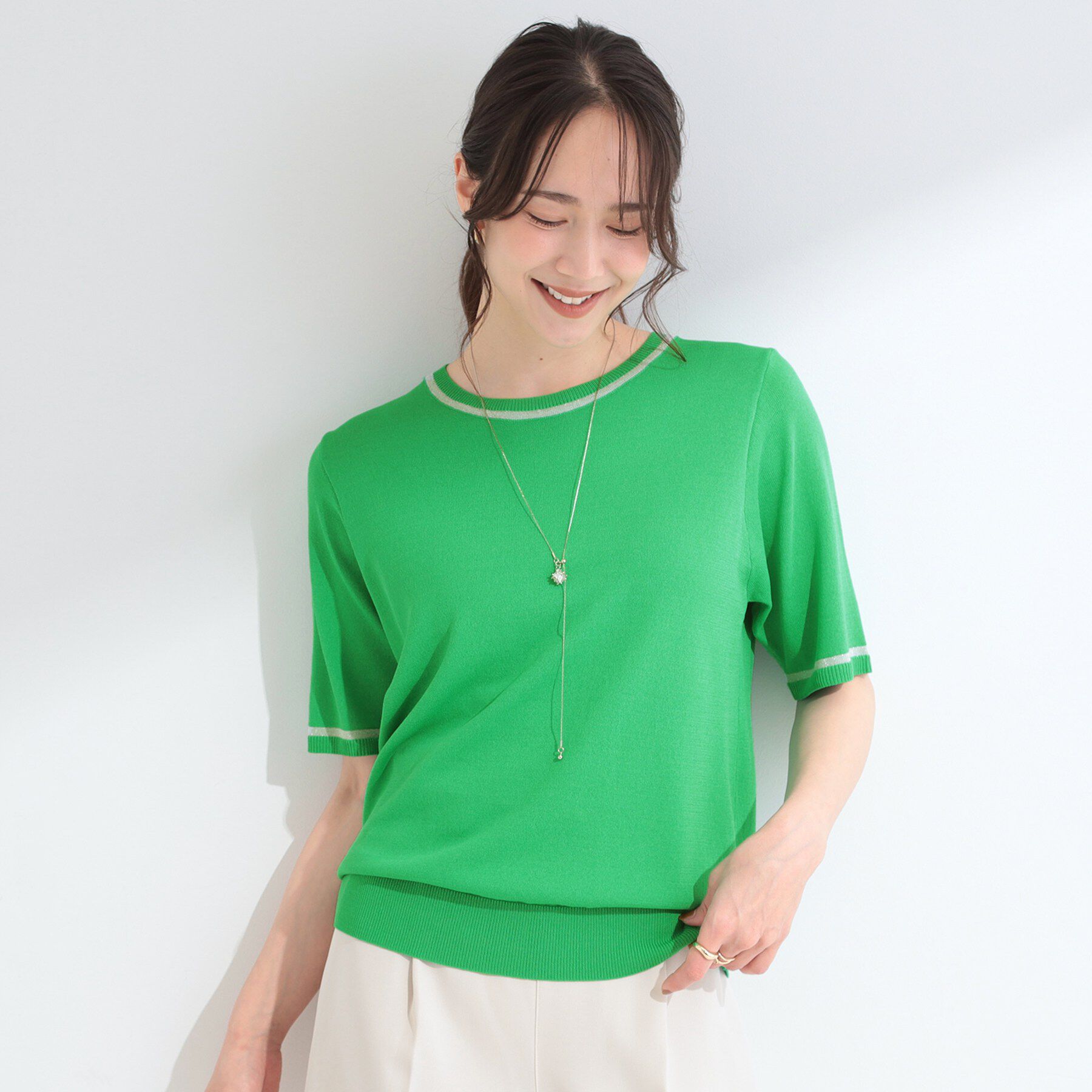 SHOO･LA･RUE「【洗濯機可/S-LL】キラッと華やか ラメライン五分袖ニット」|ニット・セーター|
