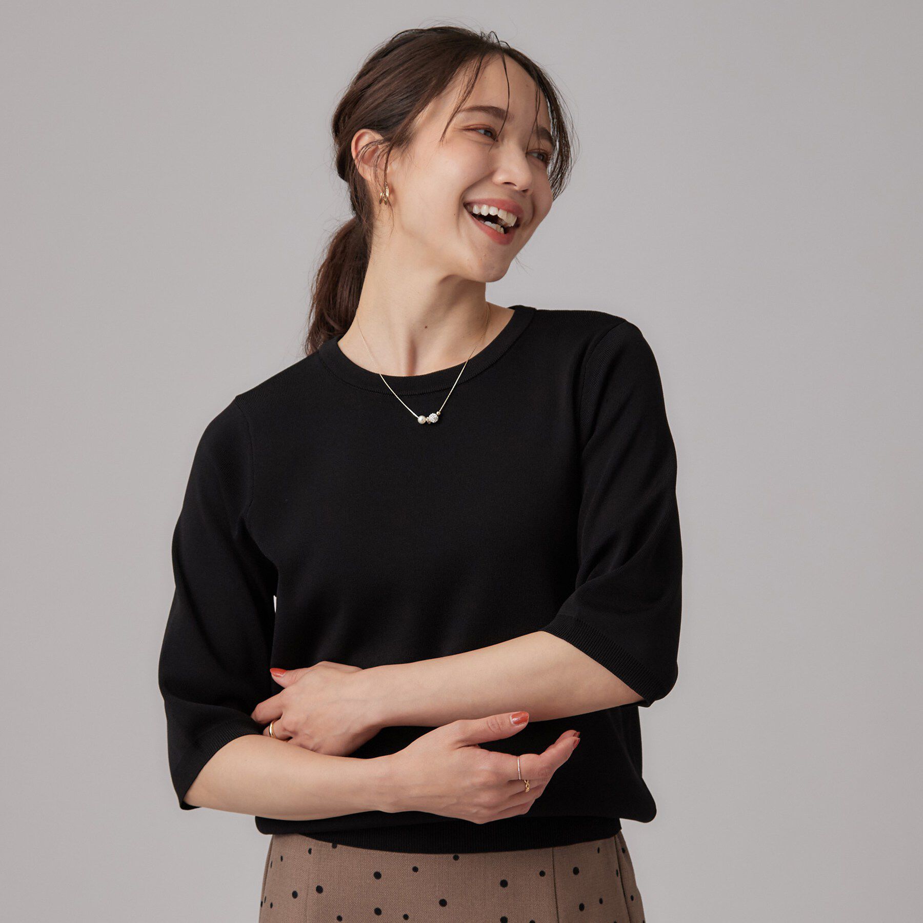 SHOO･LA･RUE「【ガンガン洗える/ひんやり/UV/毛玉になりにくい】上半身すっきり 二の腕見せない5分袖ニット」|ニット・セーター|