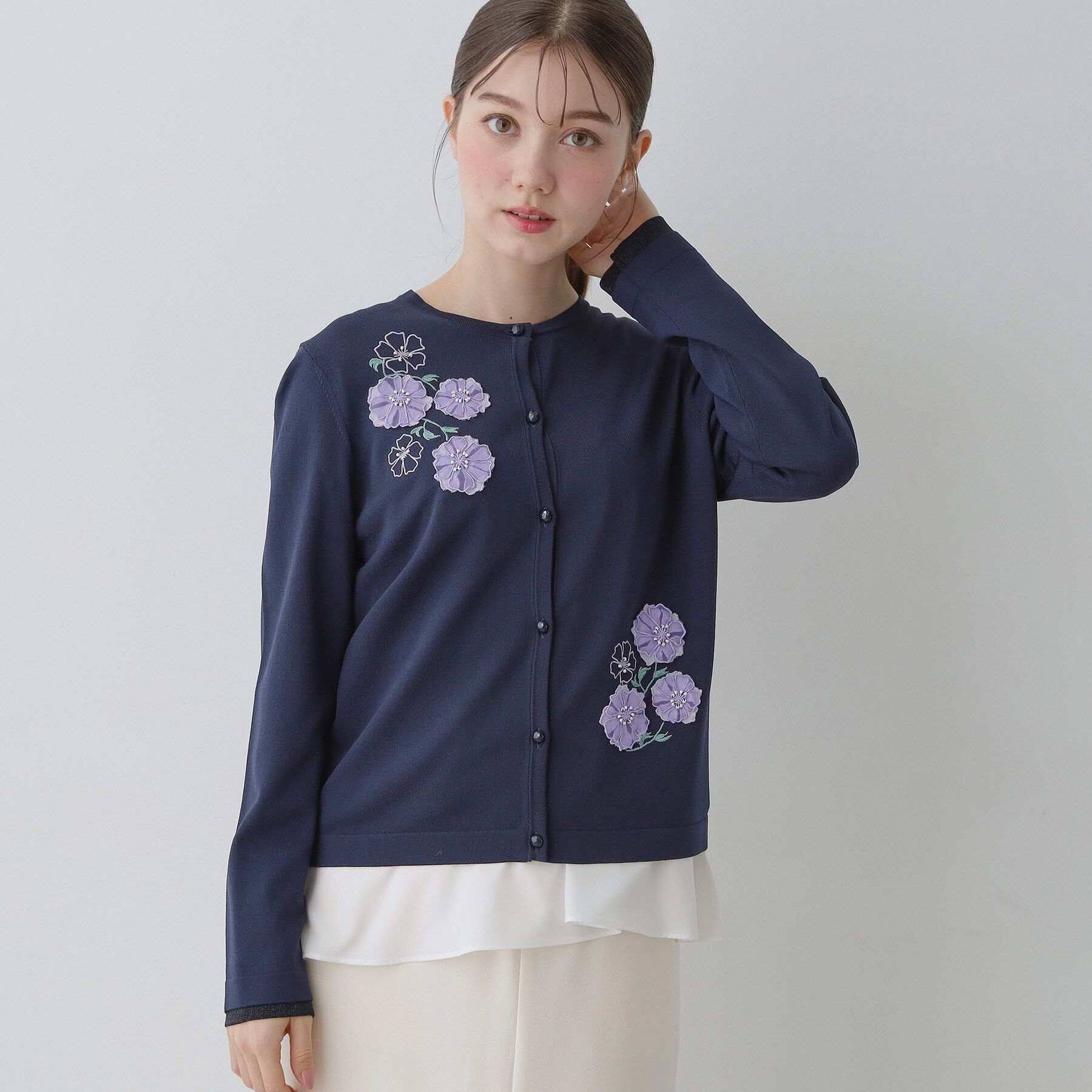 SunaUna「【SS～Lサイズ展開／フラワー刺繍】クラフトニットカーディガン」|カーディガン|