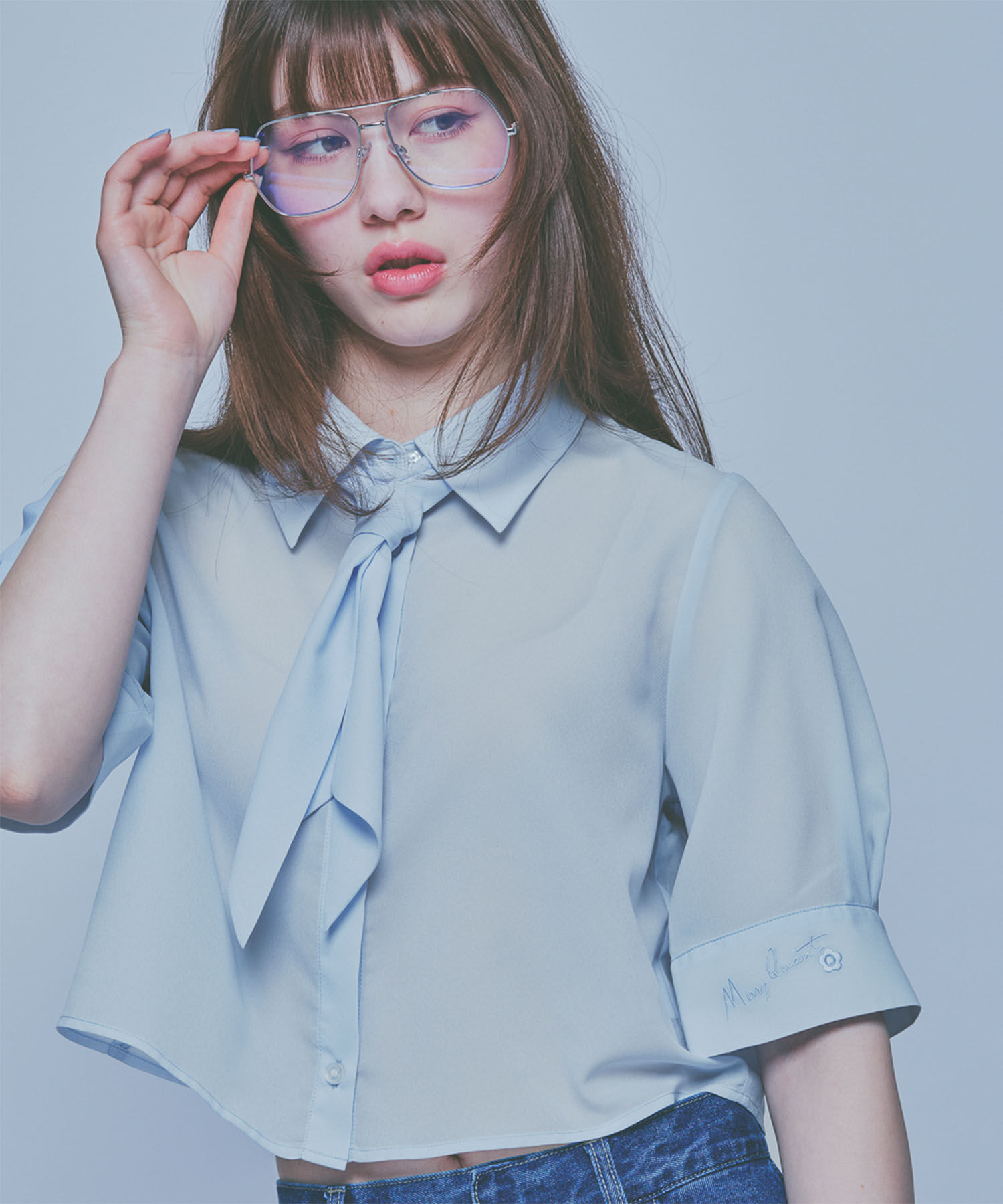 MARY QUANT「スカーフ付きクロップド ブラウス」|シャツ・ブラウス|ブルー
