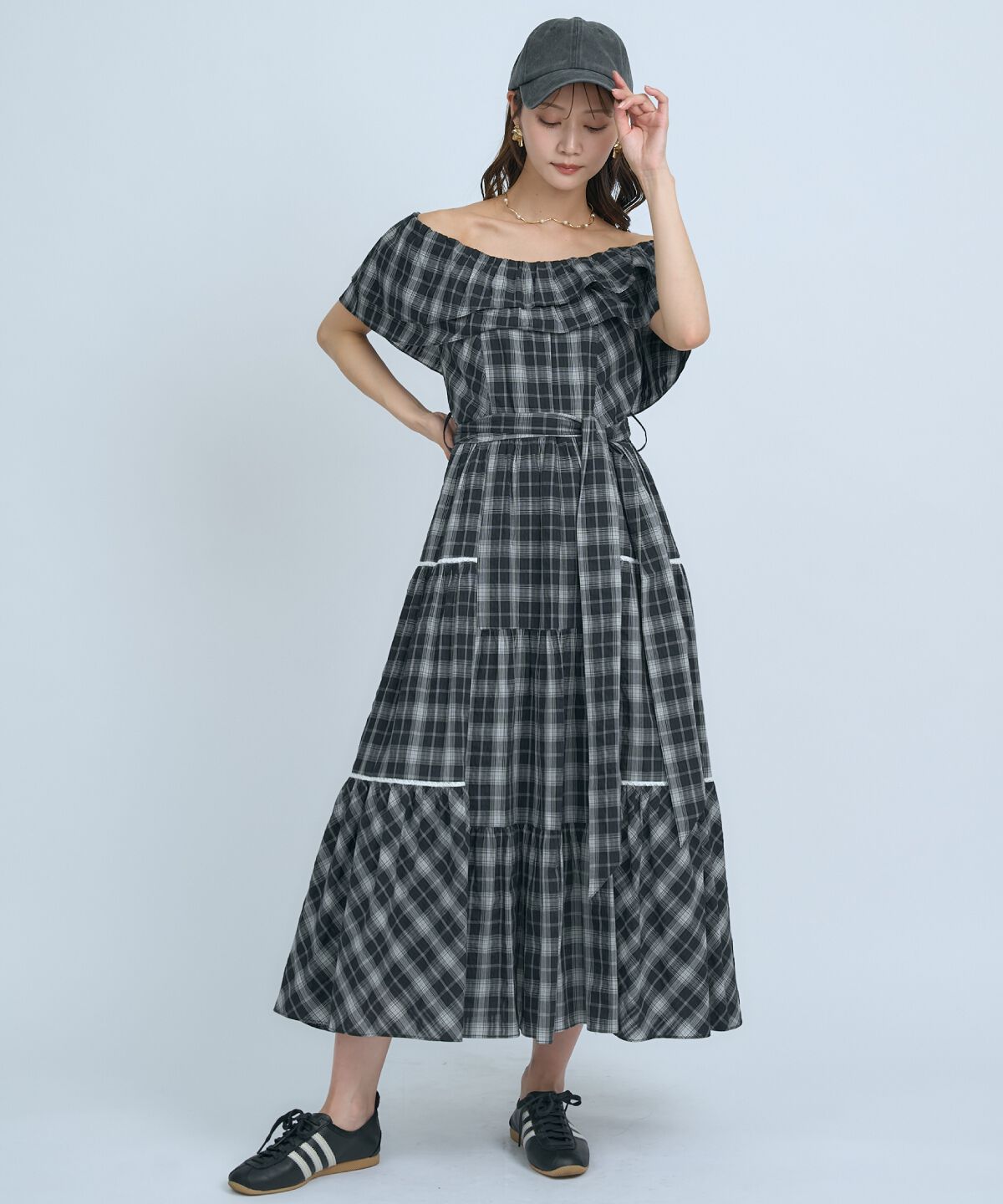 アンドクチュール「オフショルチェックフレアワンピース」|ワンピース|