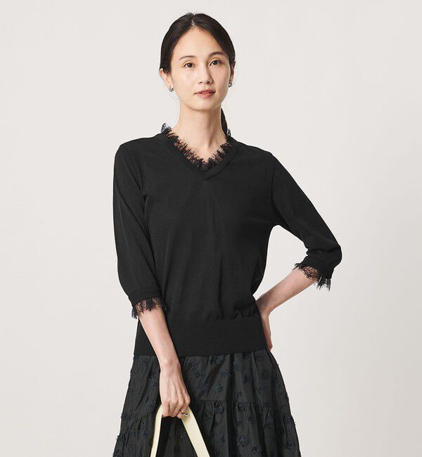 UNITED ARROWS「レースコンビ Vネックニット ‐ウォッシャブル‐」|ニット・セーター|BLACK