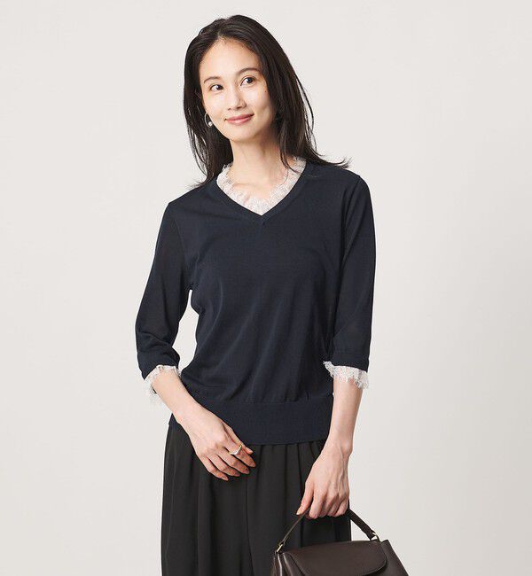 UNITED ARROWS「レースコンビ Vネックニット ‐ウォッシャブル‐」|ニット・セーター|