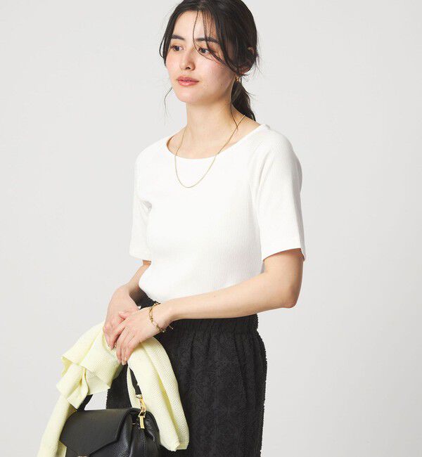 UNITED ARROWS green label relaxing「ブライトリブ ボートネック 5分袖 プルオーバー カットソー」|Tシャツ・カットソー|OFF WHITE