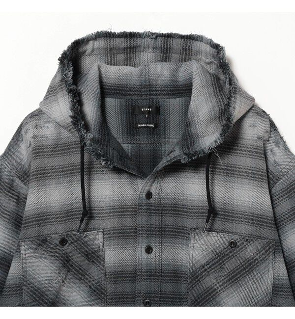 BEAMS「ダメージ フード チェック シャツ【ワイドショートフィット】」|シャツ・ブラウス|