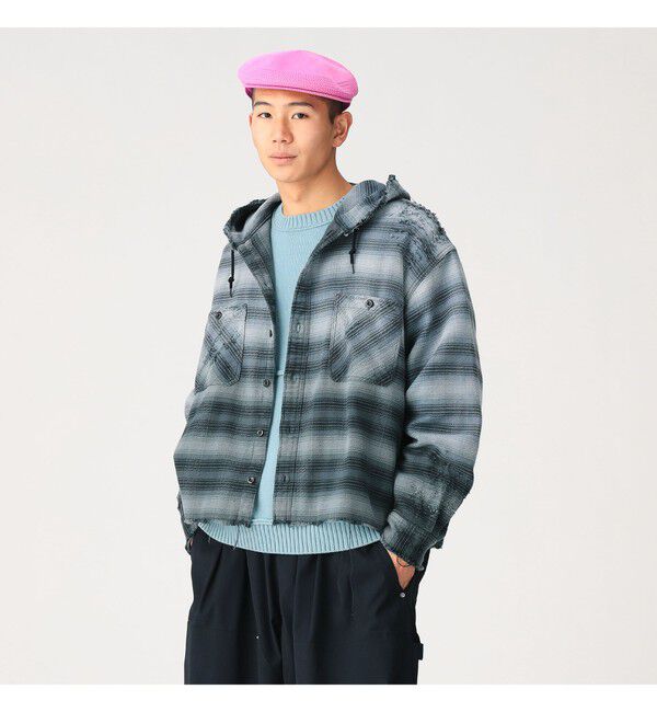 BEAMS「ダメージ フード チェック シャツ【ワイドショートフィット】」|シャツ・ブラウス|NAVY