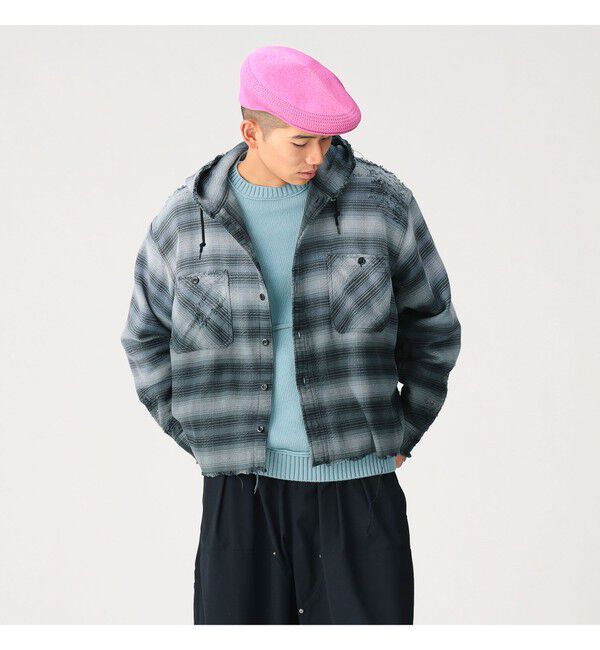 BEAMS「ダメージ フード チェック シャツ【ワイドショートフィット】」|シャツ・ブラウス|