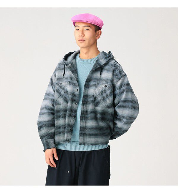 BEAMS「ダメージ フード チェック シャツ【ワイドショートフィット】」|シャツ・ブラウス|