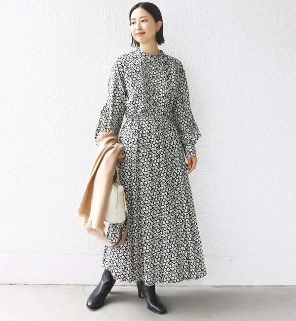 SHIPS for women「《一部追加予約》〈手洗い可能〉ドット / 花柄 バンドカラー サイド プリーツ ワンピース」|ワンピース|