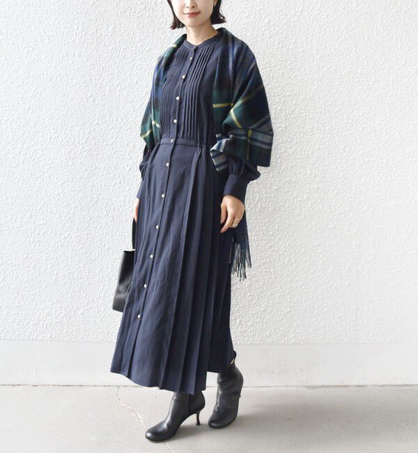 SHIPS for women「《一部追加予約》〈手洗い可能〉ドット / 花柄 バンドカラー サイド プリーツ ワンピース」|ワンピース|ネイビー