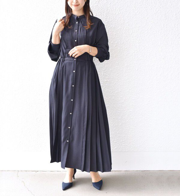 SHIPS for women「《一部追加予約》〈手洗い可能〉ドット / 花柄 バンドカラー サイド プリーツ ワンピース」|ワンピース|