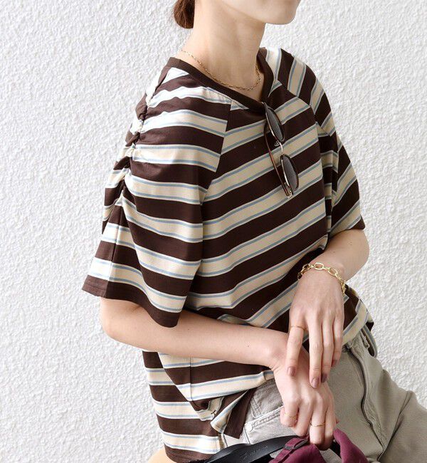 SHIPS for women「〈手洗い可能〉ボーダー / ソリッド 袖ギャザー ショートスリーブ プルオーバー」|Tシャツ・カットソー|