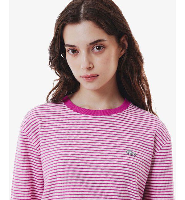 LACOSTE「ラウンドヘム 配色リブカラー ワッフルボーダーロングスリーブTシャツ」|Tシャツ・カットソー|