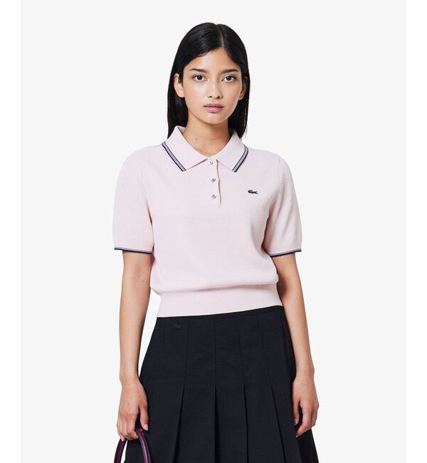 LACOSTE「配色ライン コンパクトニットポロシャツ」|ポロシャツ|ピンク
