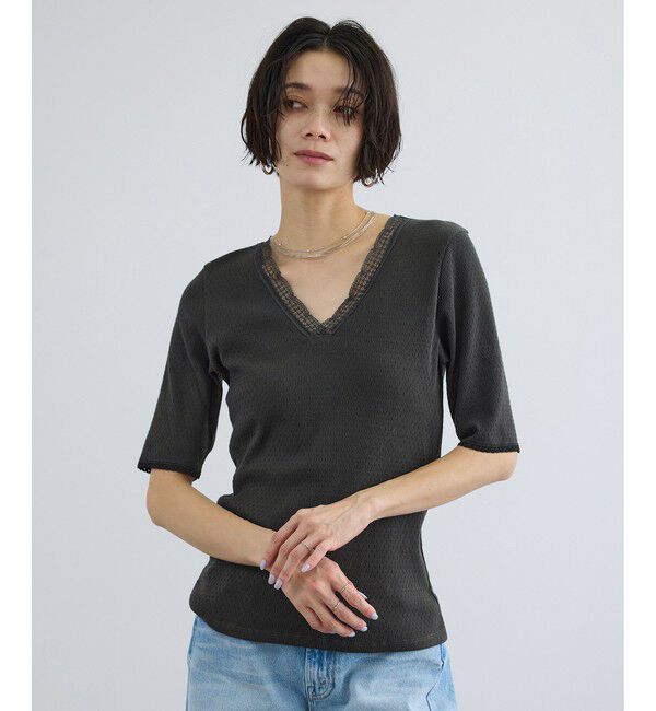 SALON adam et rope'「【Angie La La for SALON】GENTLE intimate レースVネックプルオーバー」|Tシャツ・カットソー|