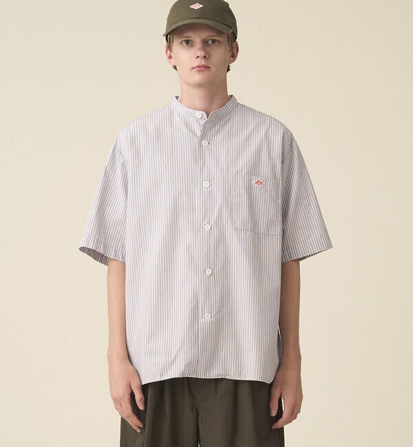 DANTON「DANTON | コットンリネン バンドカラー半袖シャツ STRIPE MEN」|シャツ・ブラウス|BROWN系1