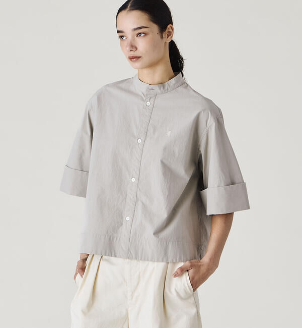 GYMPHLEX「Gymphlex | タイプライター スタンドカラー半袖シャツ WOMEN」|シャツ・ブラウス|GREY