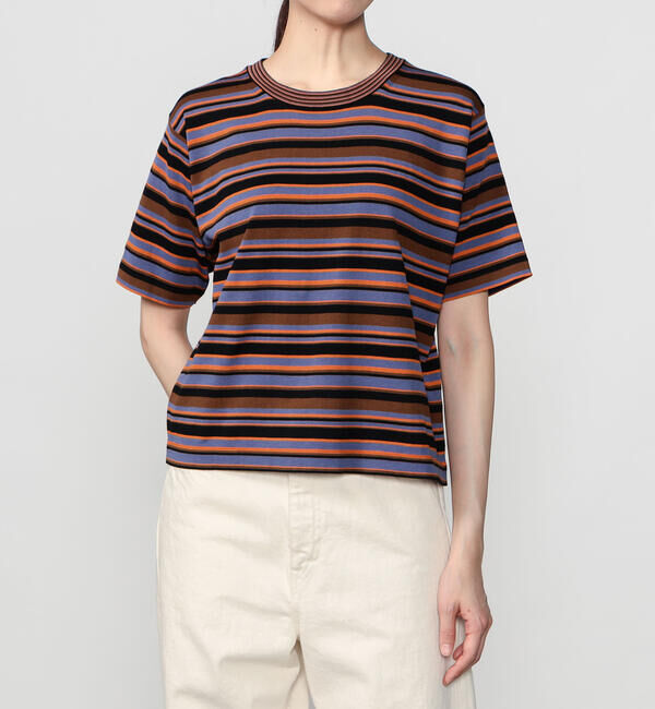  「RYE TENDER |〈別注〉マルチボーダー 半袖クルーネックニット WOMEN」|ニット・セーター|BROWN系1