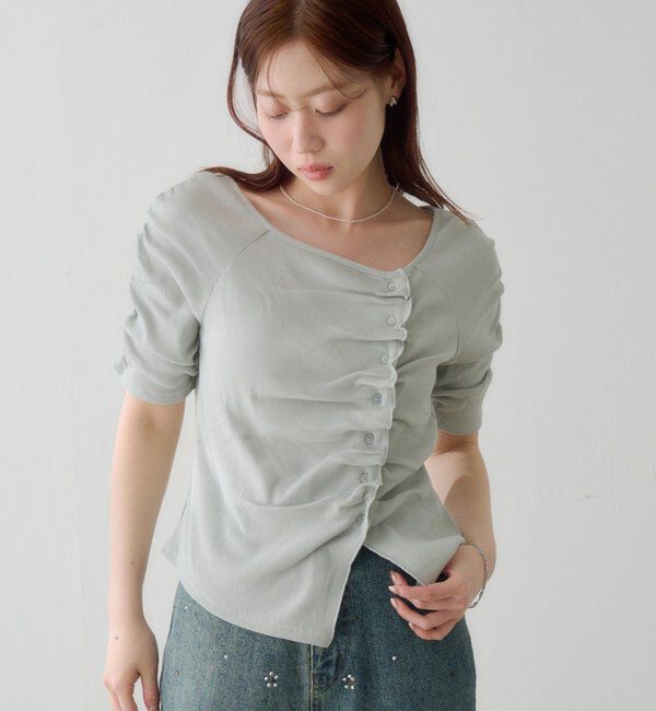  「ギャザーテレコ半袖カーディガン」|Tシャツ・カットソー|サックスブルー