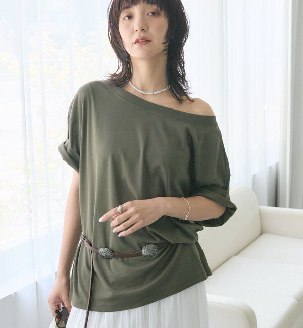  「【A・MONN】【吸水速乾/接触冷感】オープンネックTee」|Tシャツ・カットソー|カーキ