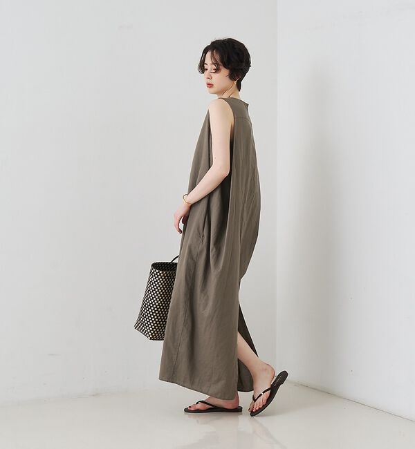 Rouge vif「【2サイズ展開】【定番人気】麻混ノースリーブVネックワンピース/ポケット付き/コ」|ワンピース|