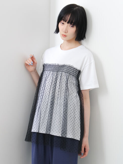 Samansa Mos2「◇【接触冷感/UVカット】ドットチュールドッキングTシャツ」|Tシャツ・カットソー|オフホワイト