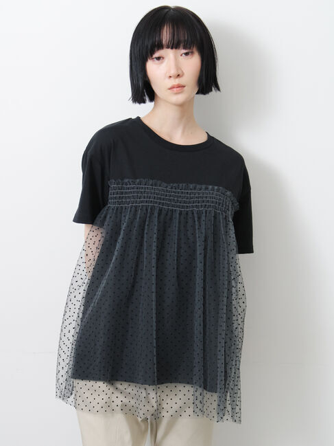 Samansa Mos2「◇【接触冷感/UVカット】ドットチュールドッキングTシャツ」|Tシャツ・カットソー|