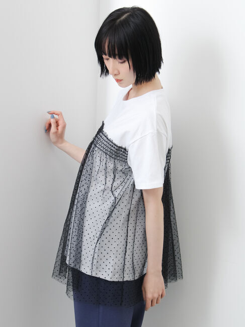 Samansa Mos2「◇【接触冷感/UVカット】ドットチュールドッキングTシャツ」|Tシャツ・カットソー|