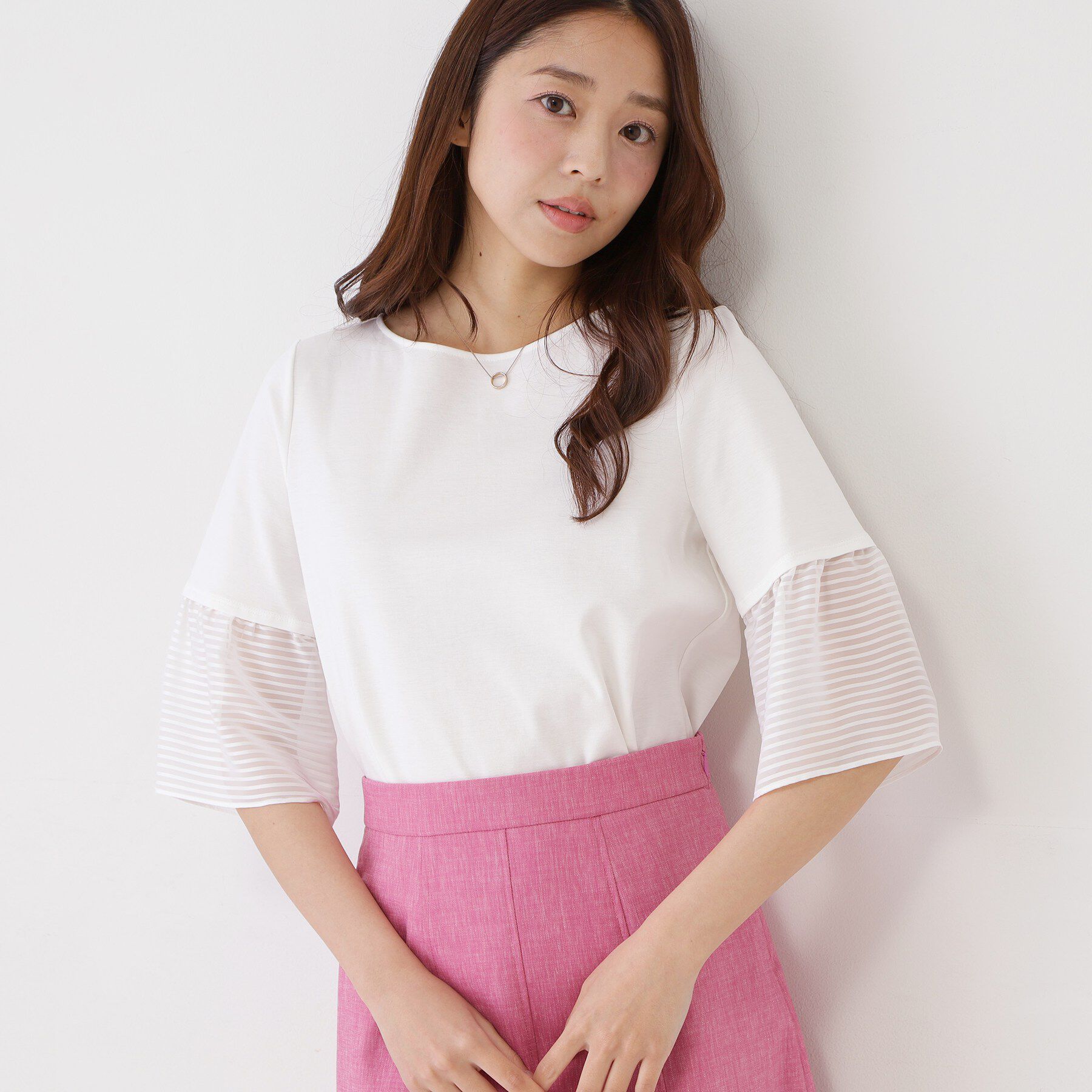 COUP DE CHANCE「【5分袖／日本製／接触冷感】異素材ドッキングカットソー」|Tシャツ・カットソー|ホワイト(001)