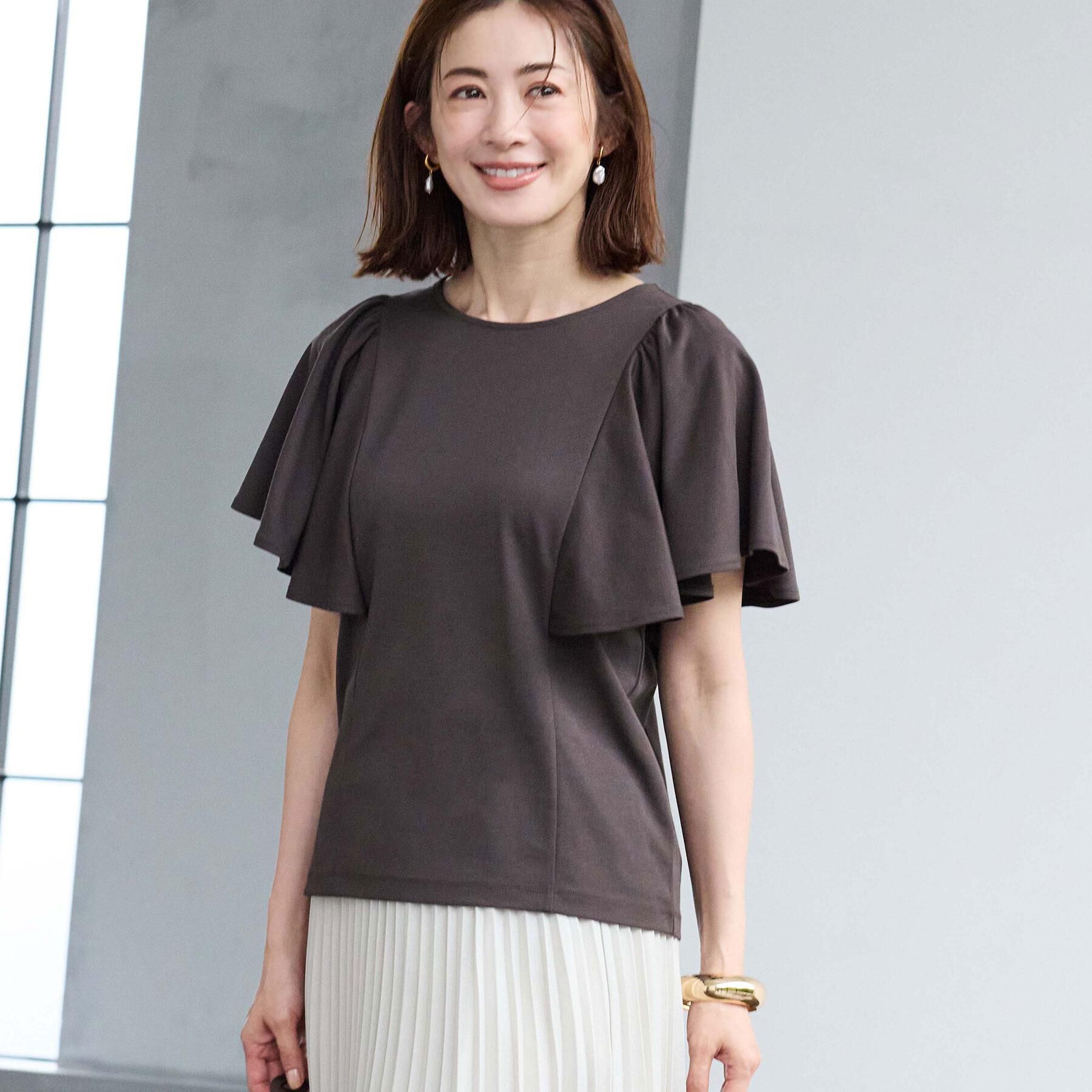 Reflect「【UVカット／接触冷感／吸水速乾】フレアスリーブトップス」|Tシャツ・カットソー|ブラウン(043)