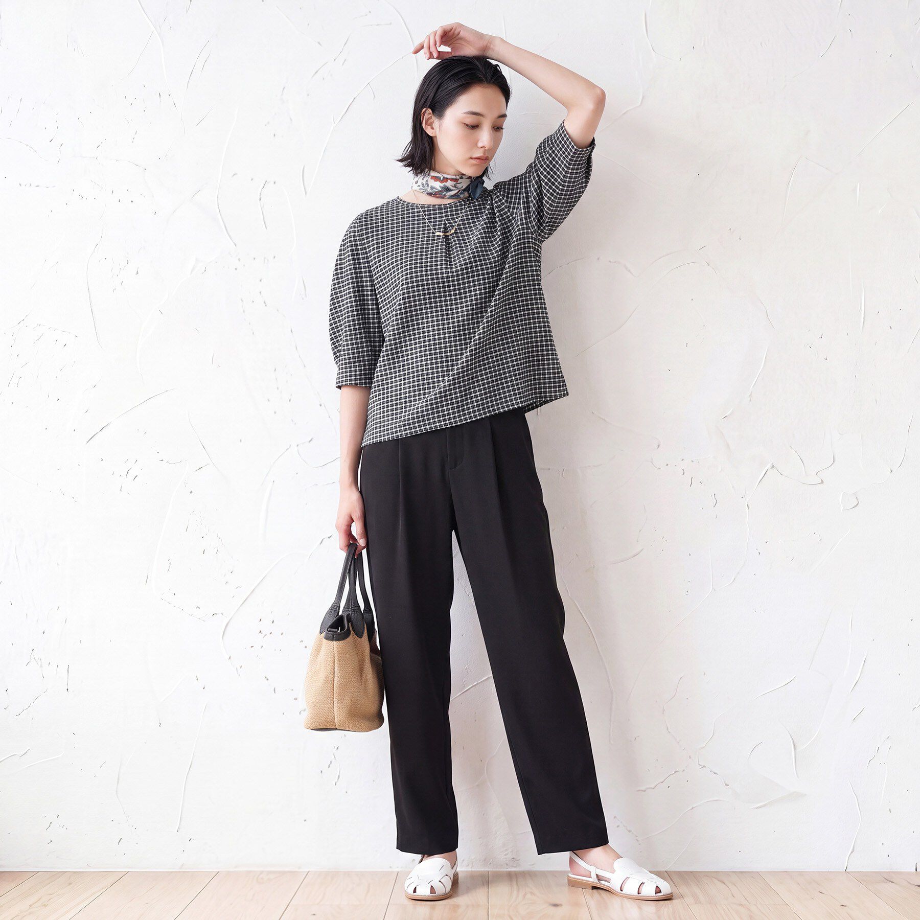 INDIVI「【UVケア／吸汗速乾】チェック柄タックボリュームスリーブトップス」|Tシャツ・カットソー|