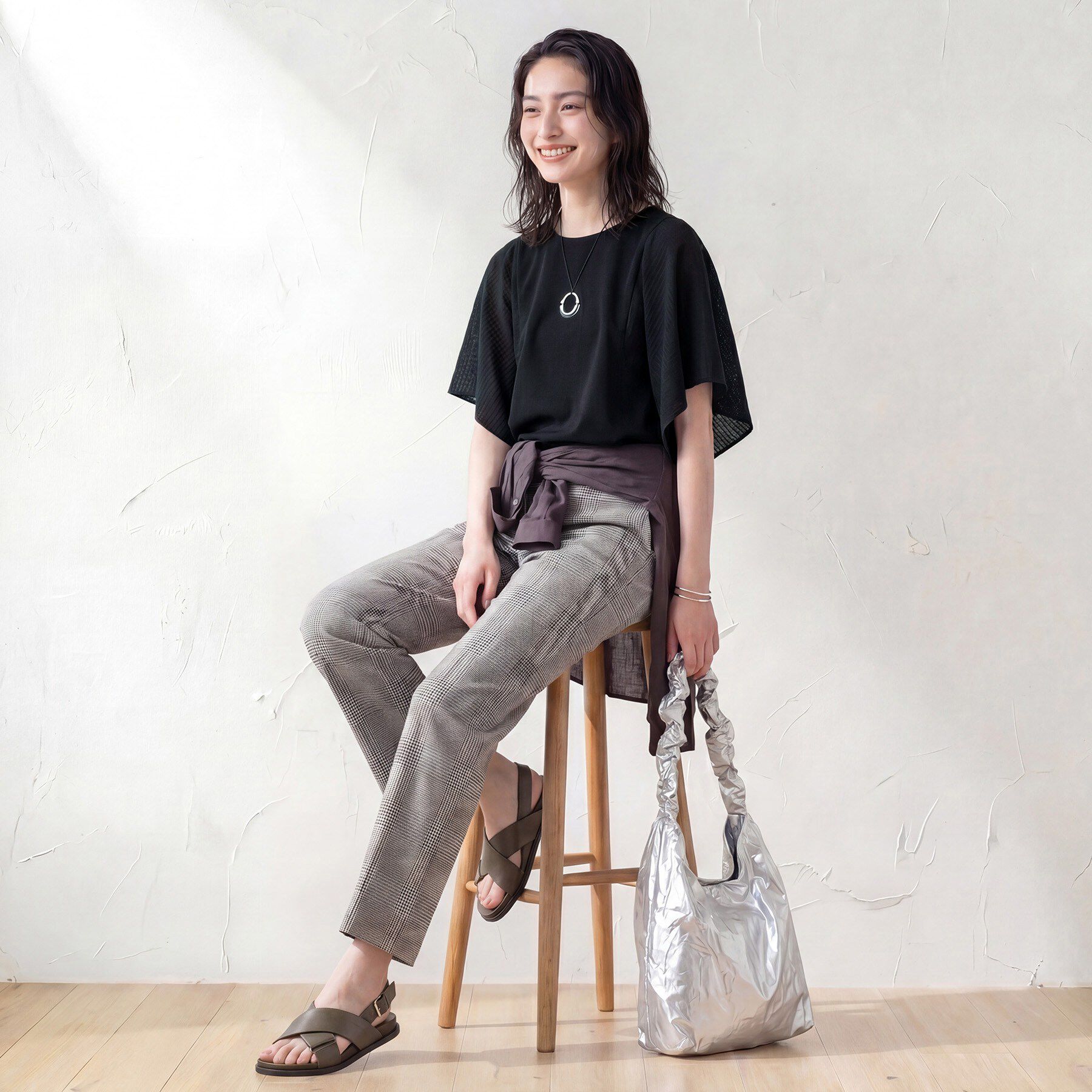 INDIVI「【洗える／シアーチェック柄】異素材コンビスリーブトップス」|Tシャツ・カットソー|