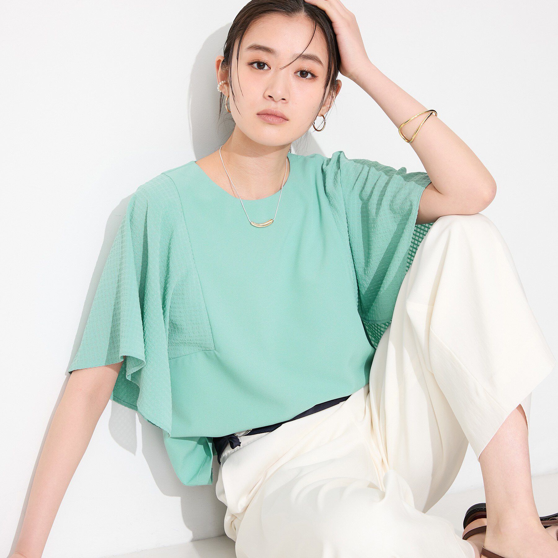 INDIVI「【洗える／シアーチェック柄】異素材コンビスリーブトップス」|Tシャツ・カットソー|