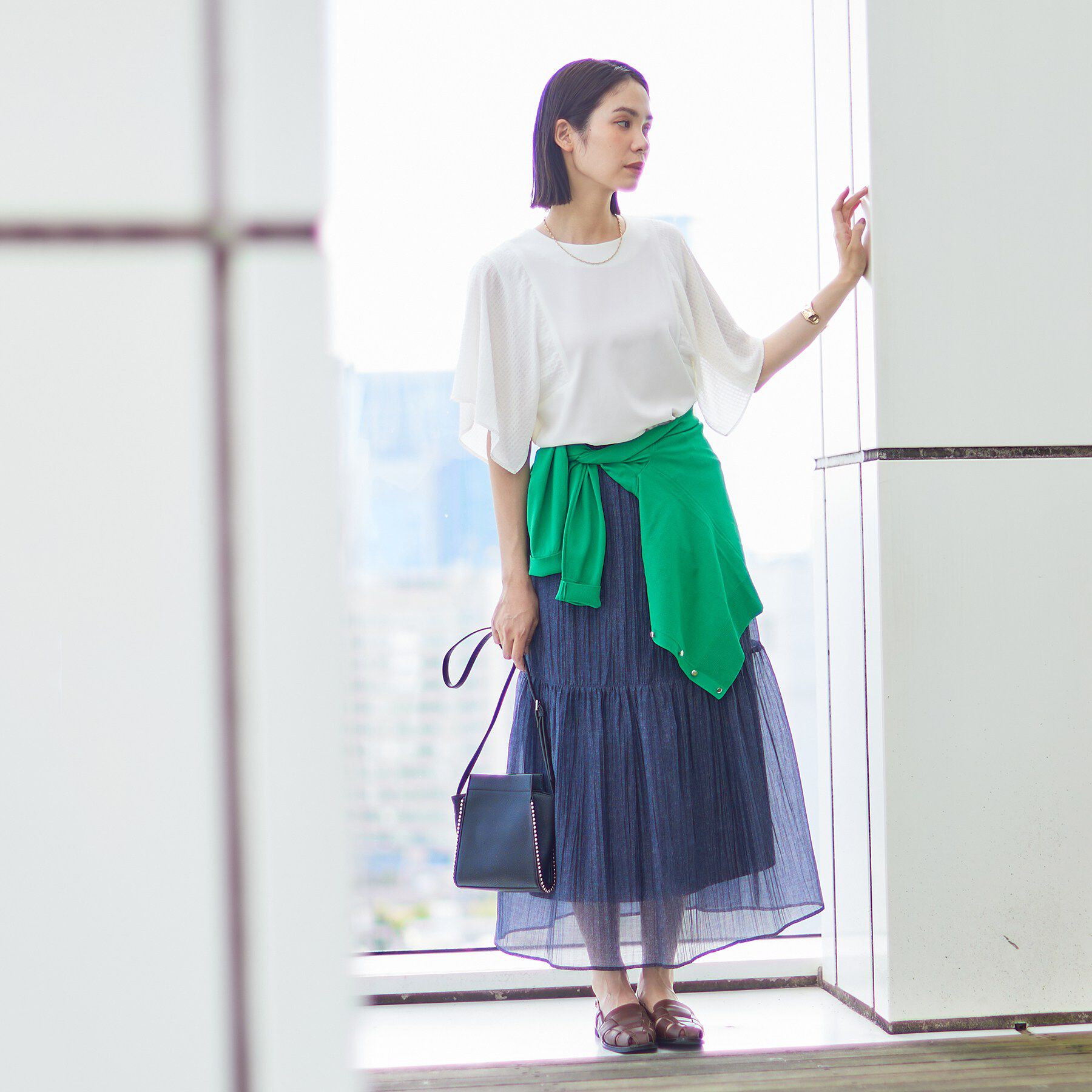 INDIVI「【洗える／シアーチェック柄】異素材コンビスリーブトップス」|Tシャツ・カットソー|