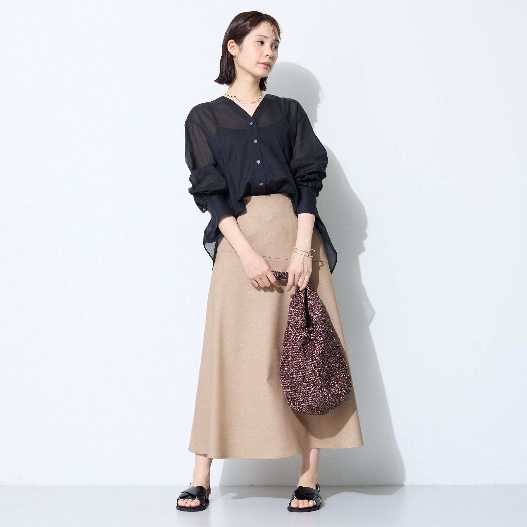 INDIVI「【洗える／軽やか】無地＆ストライプ柄 切替タックブラウス」|シャツ・ブラウス|