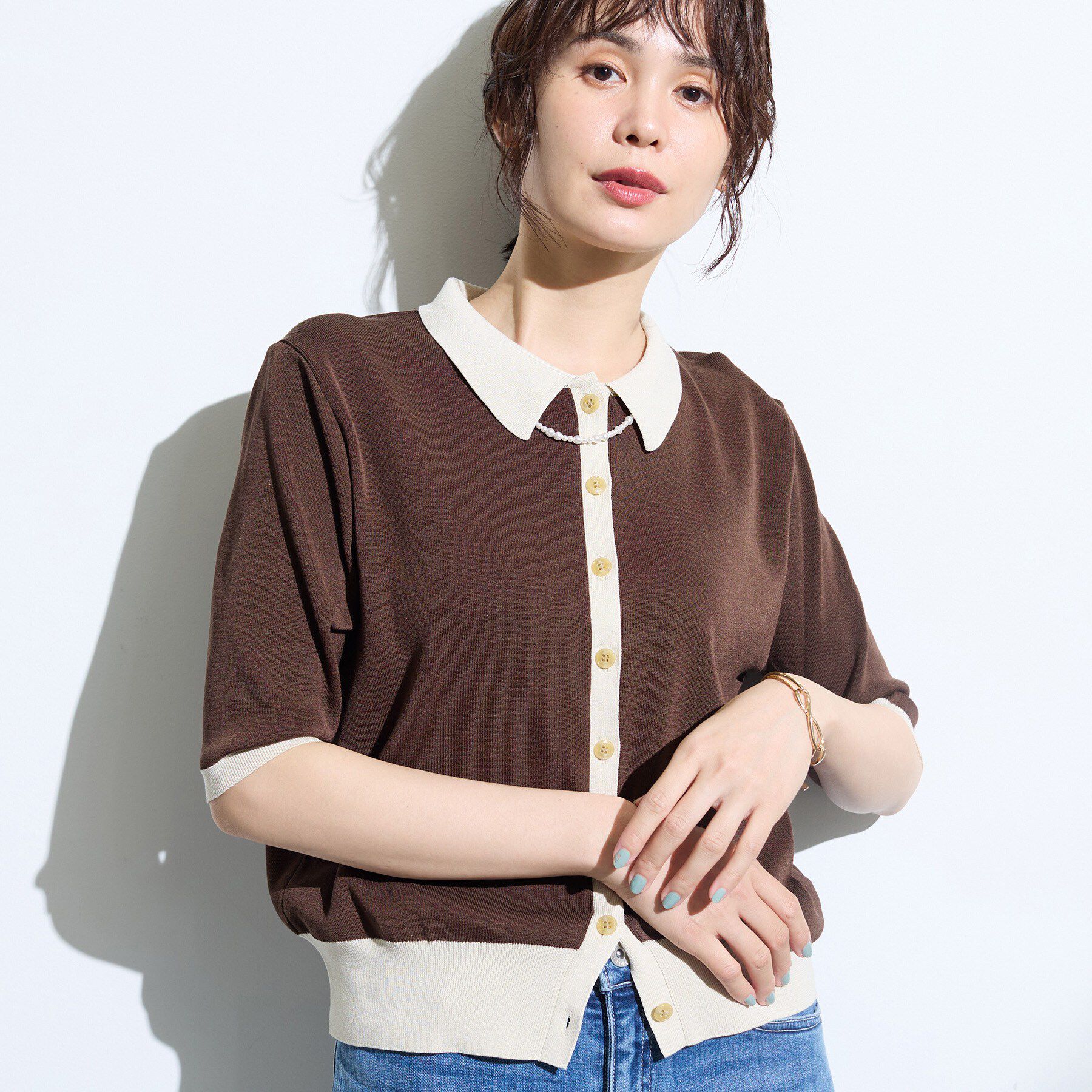 INDIVI「【バイカラー】衿付きシャツ風ニット」|ニット・セーター|
