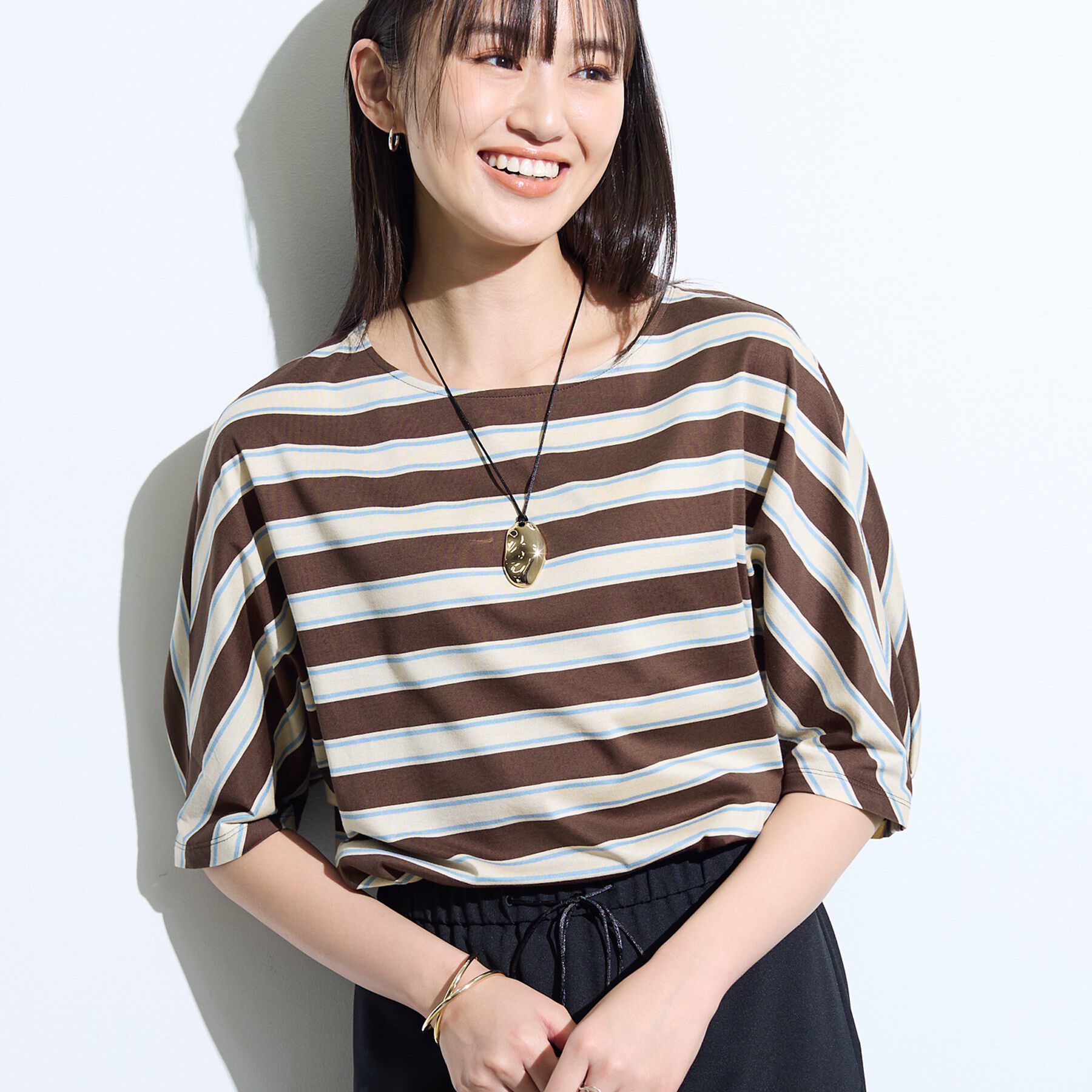 INDIVI「【体型カバー】ボーダードルマントップス」|Tシャツ・カットソー|ブラウン(343)
