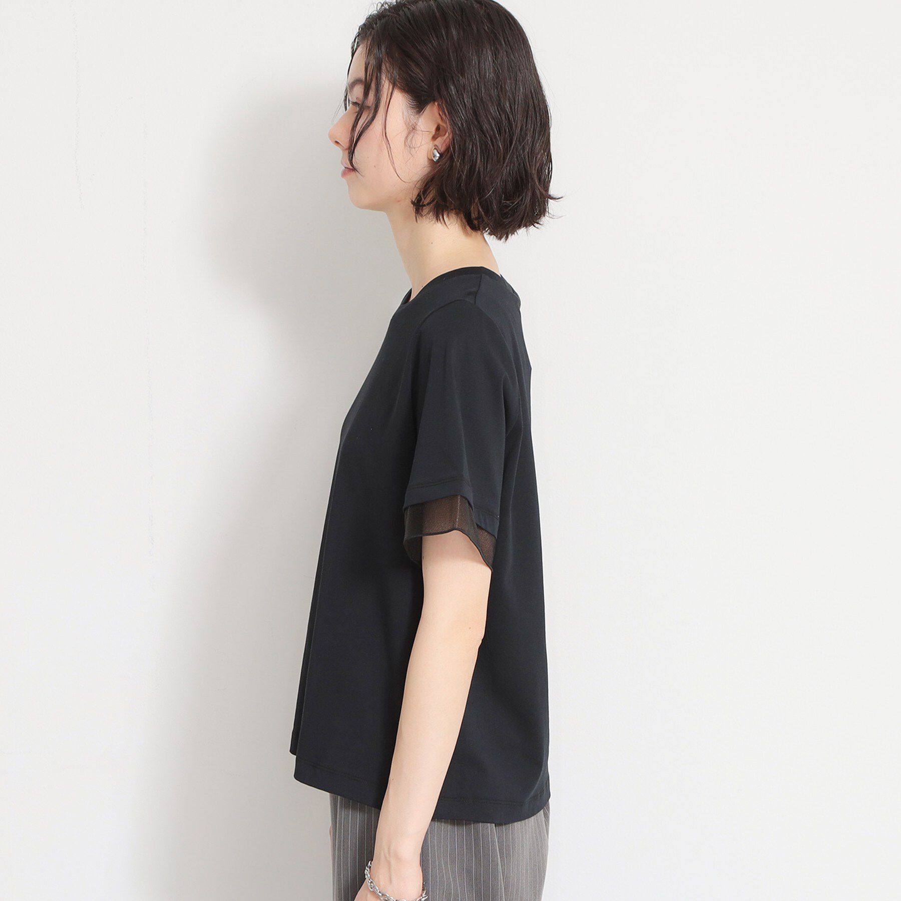 THE SHOP TK「【M-XL/ひんやり】上品な透け感 袖口シアーTシャツ」|Tシャツ・カットソー|