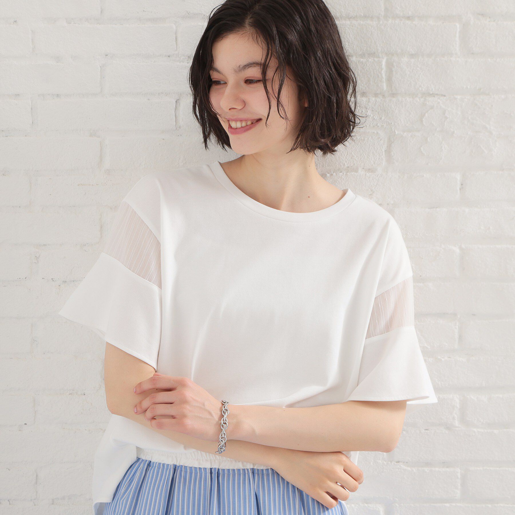 THE SHOP TK「【ひんやりさらさら】軽やかに揺れる シアーフレアスリーブTシャツ」|Tシャツ・カットソー|オフホワイト(003