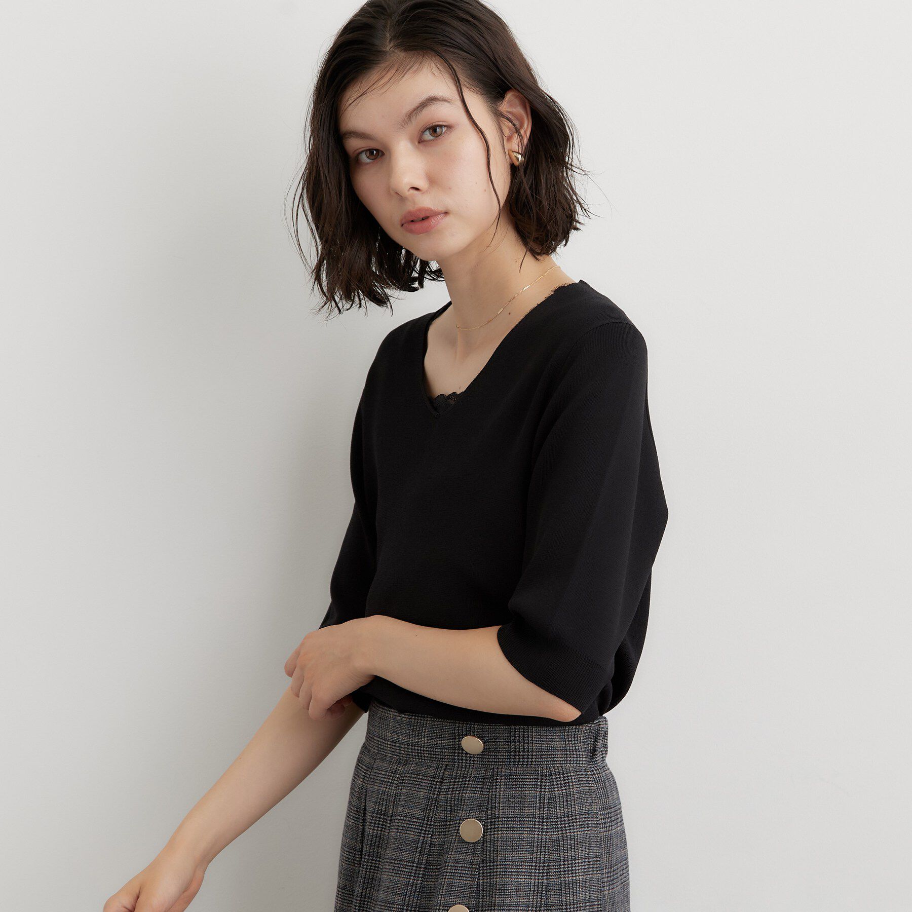 THE SHOP TK「【ひんやり】すっきりVネック 6分袖ニット」|ニット・セーター|