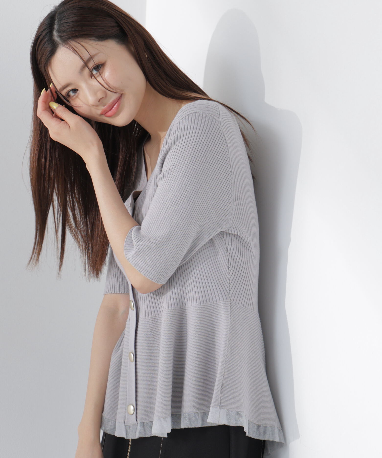 PROPORTION BODY DRESSING「＜一部追加生産予約＞部分シアーペプラムニット」|ニット・セーター|ライトグレー