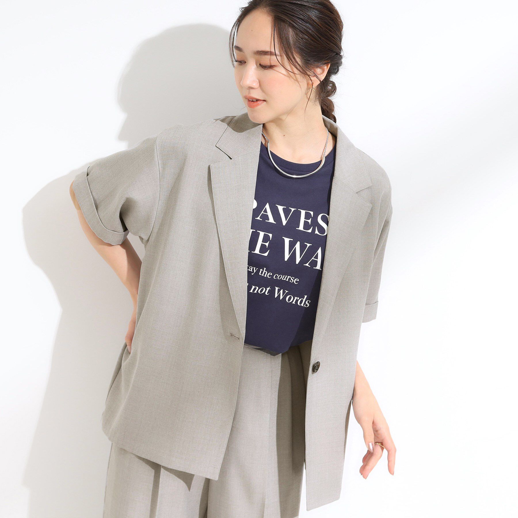 SHOO･LA･RUE「【セットアップ可/洗濯後しわになりにくい】5分袖テーラードジャケット」|テーラードジャケット|グレー(012)