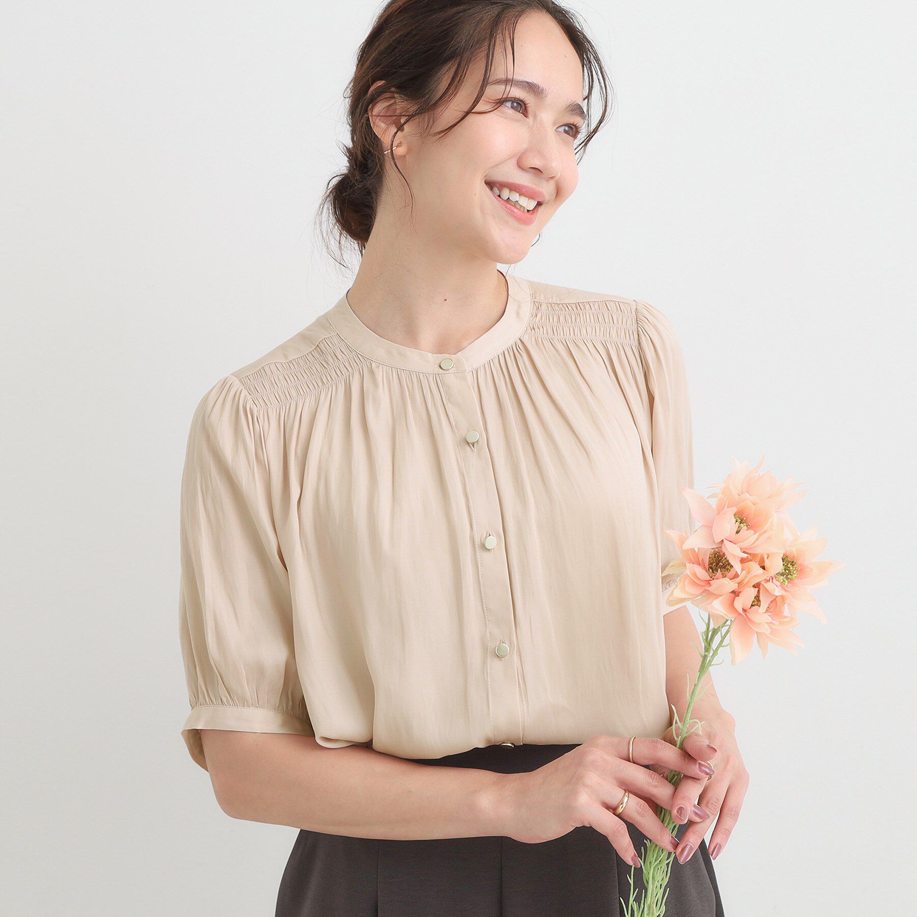 SHOO･LA･RUE「【洗える/S-LL】大人上品な印象のサテン5分袖ブラウス」|シャツ・ブラウス|ライトピンク(070