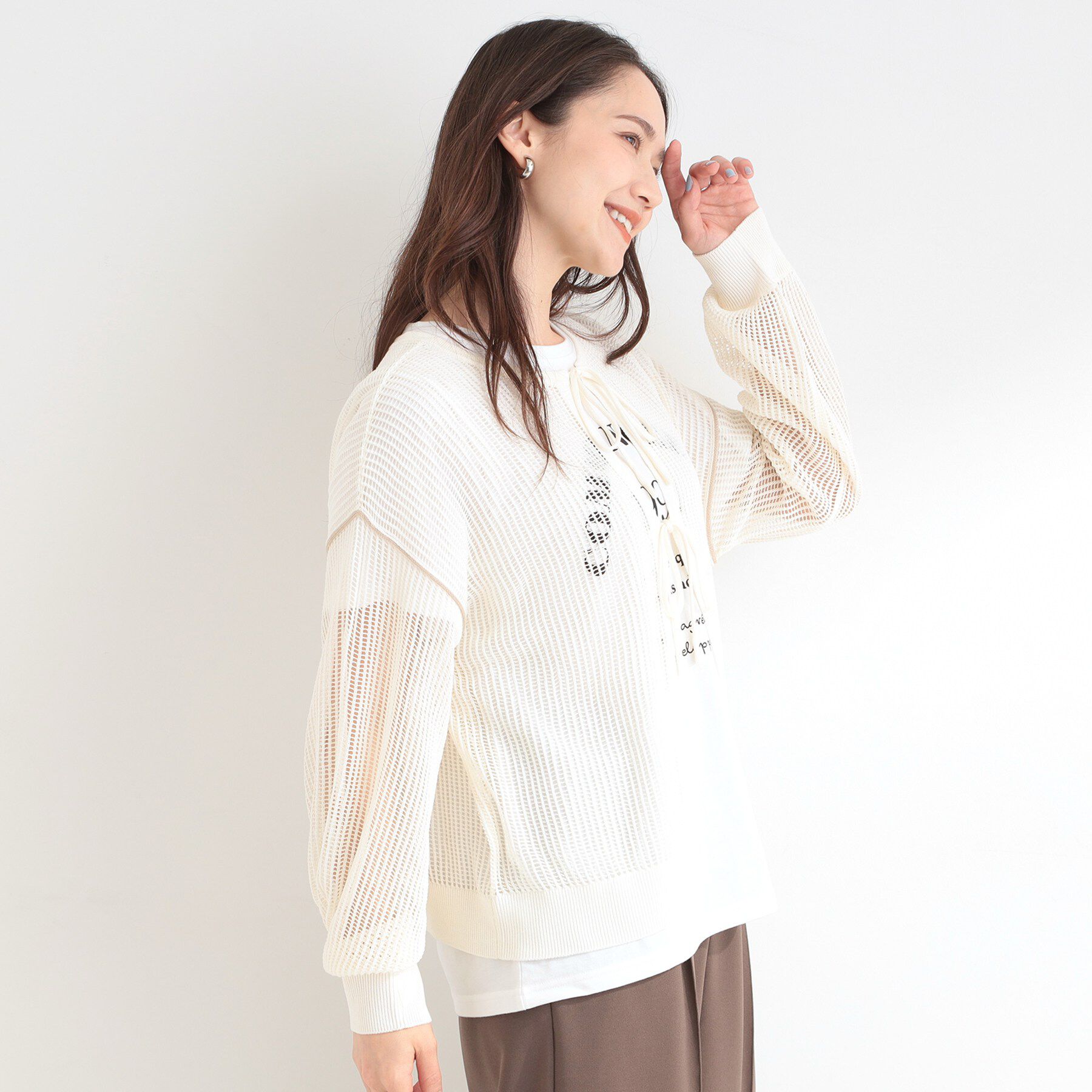 SHOO･LA･RUE「【2点セット/洗濯機可/S-LL】時短でこなれ見え カーデにもなる2WAYメッシュニット+半袖ロゴT」|その他|