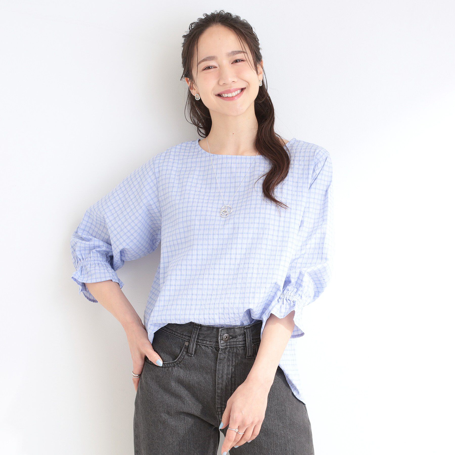SHOO･LA･RUE「【セットアップ可/洗濯機可】上品チェックが好印象 ゆるさら6分袖ブラウス」|シャツ・ブラウス|