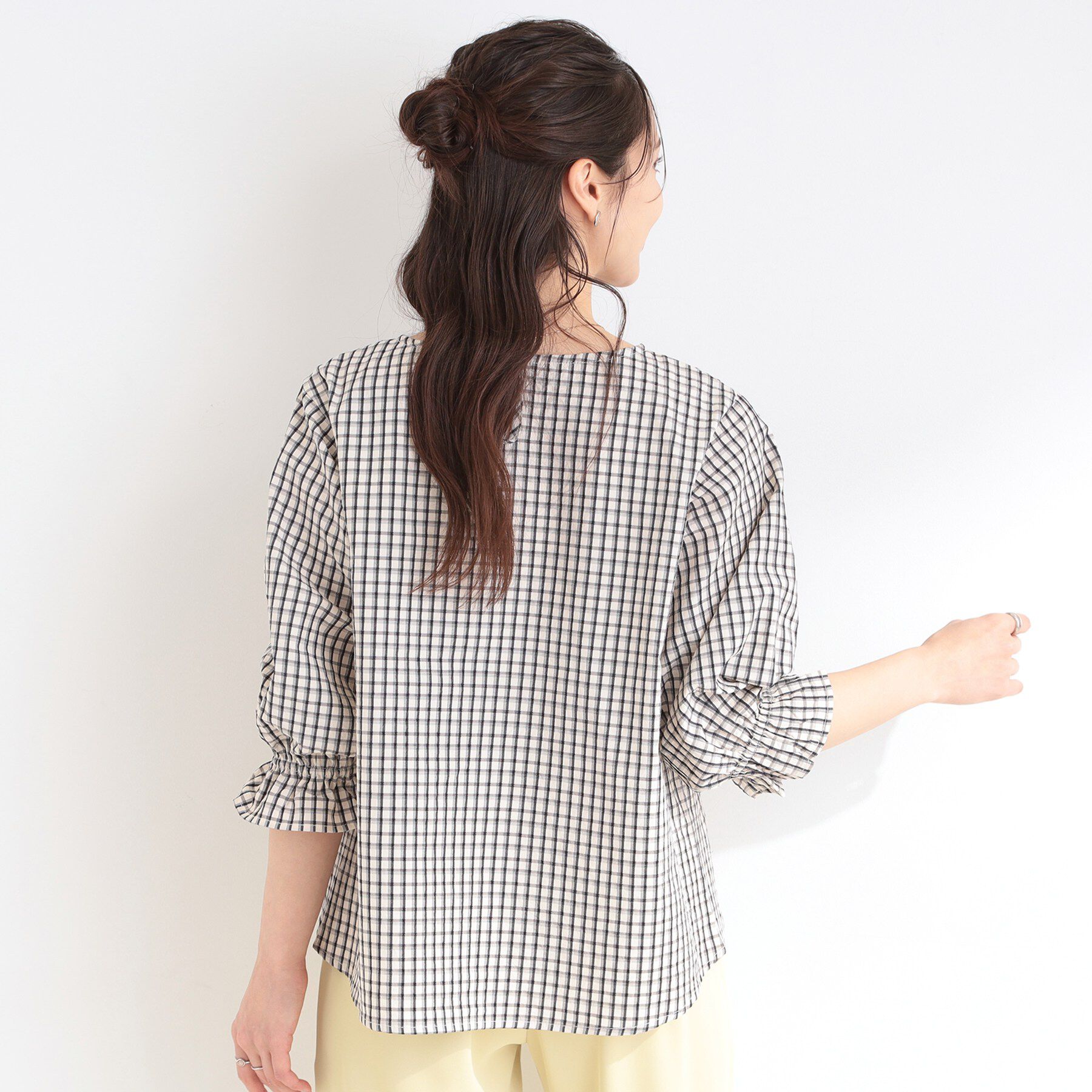 SHOO･LA･RUE「【セットアップ可/洗濯機可】上品チェックが好印象 ゆるさら6分袖ブラウス」|シャツ・ブラウス|