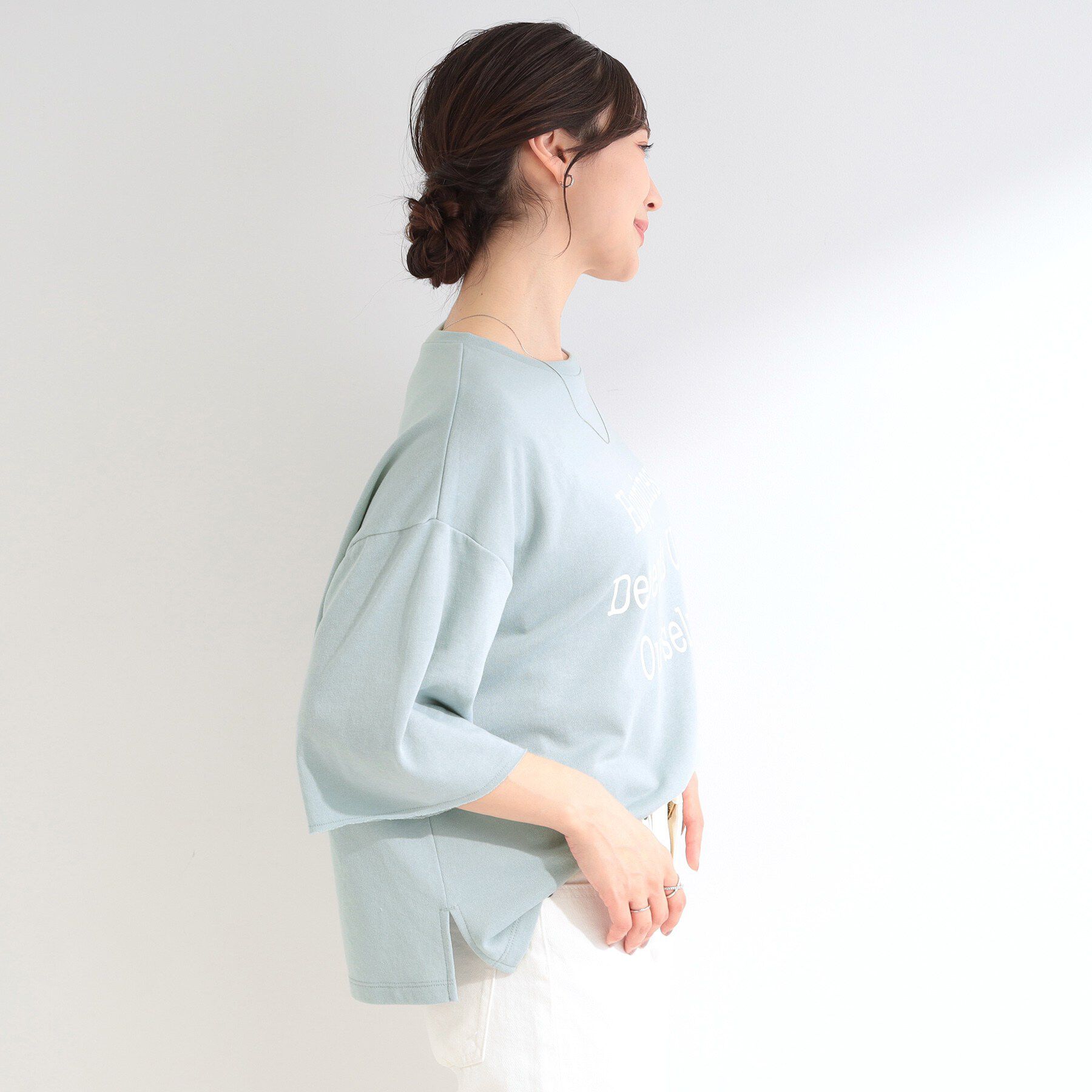 SHOO･LA･RUE「【洗濯機可/S-LL/選べる6柄】切りっぱなしお袖がこなれカジュアル 5分袖シアーTシャツ」|Tシャツ・カットソー|
