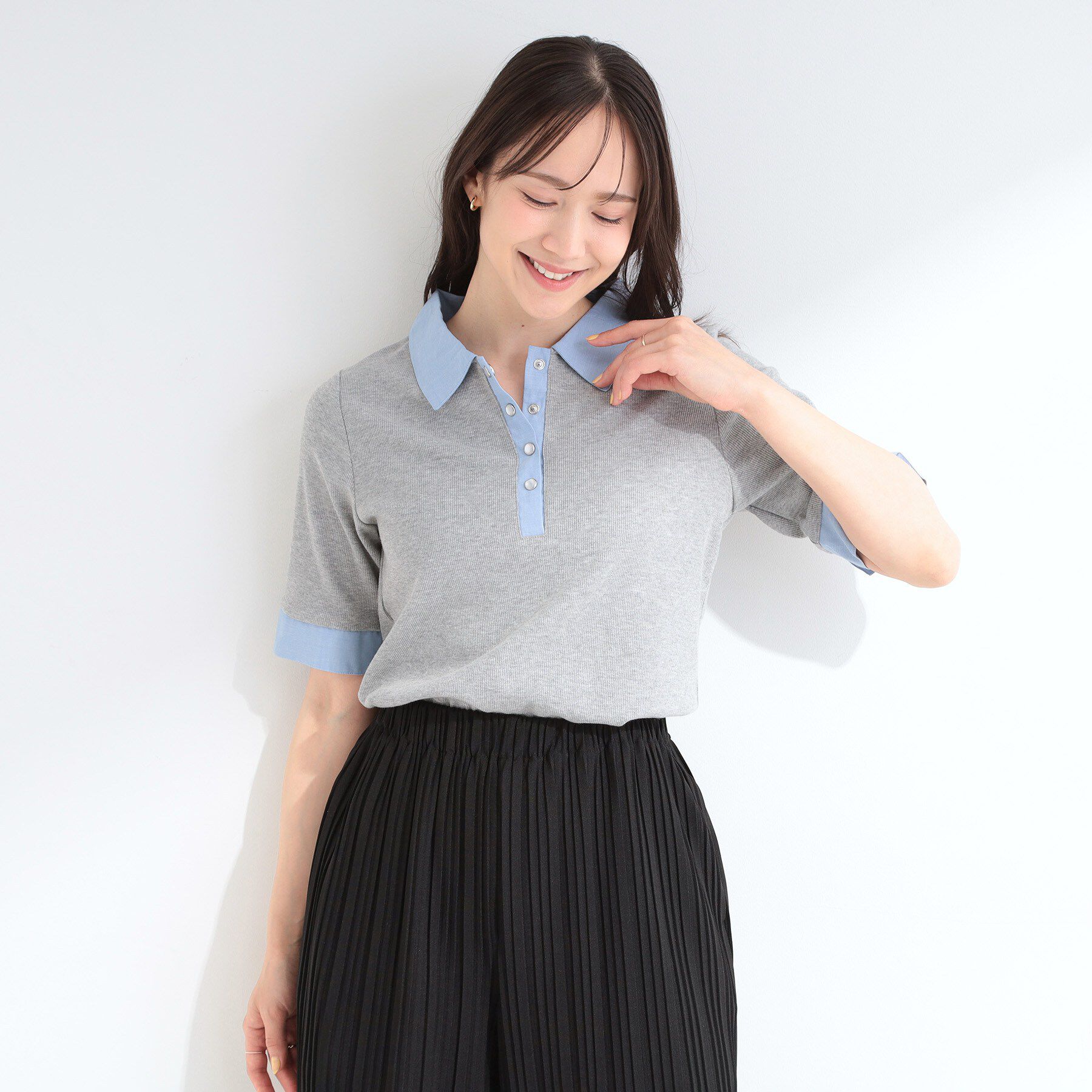 SHOO･LA･RUE「【洗濯機可/S-LL】シャツレイヤード風 テレコポロトップス」|Tシャツ・カットソー|