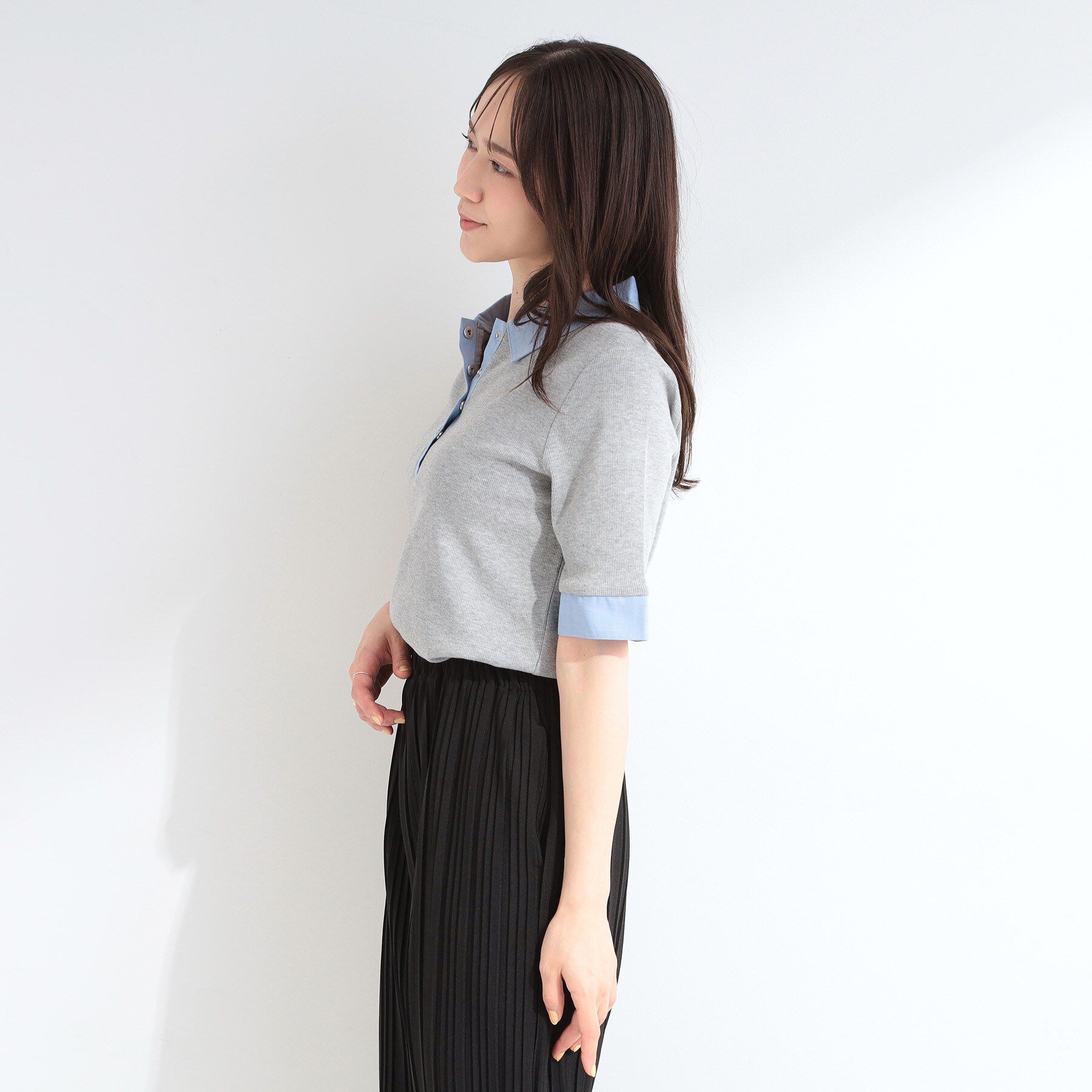 SHOO･LA･RUE「【洗濯機可/S-LL】シャツレイヤード風 テレコポロトップス」|Tシャツ・カットソー|