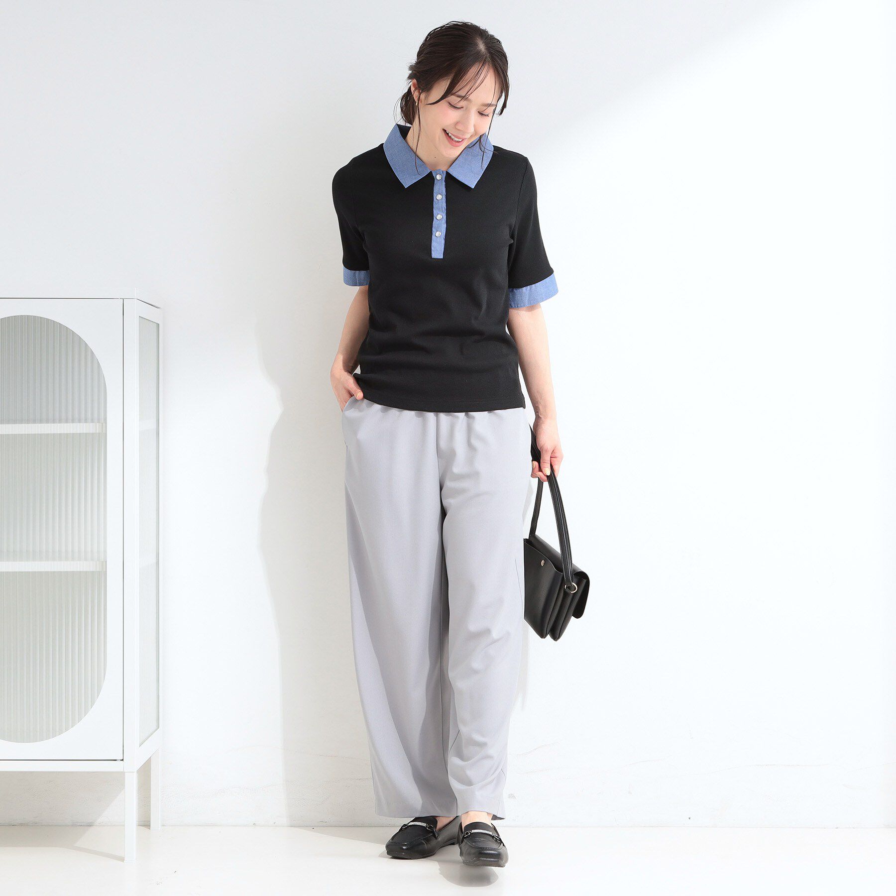 SHOO･LA･RUE「【洗濯機可/S-LL】シャツレイヤード風 テレコポロトップス」|Tシャツ・カットソー|